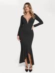 Shapewear long sleeve lace trim sculpting mermaid maxi dress in black with V-neck.