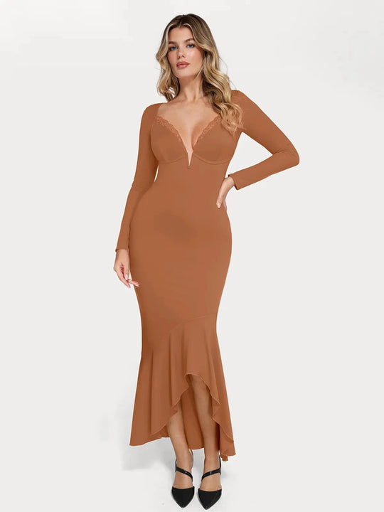 Brown long sleeve lace trim sculpting mermaid maxi dress with deep V-neck