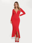 Red long sleeve mermaid maxi dress with lace trim deep V-neck and ruffled hem