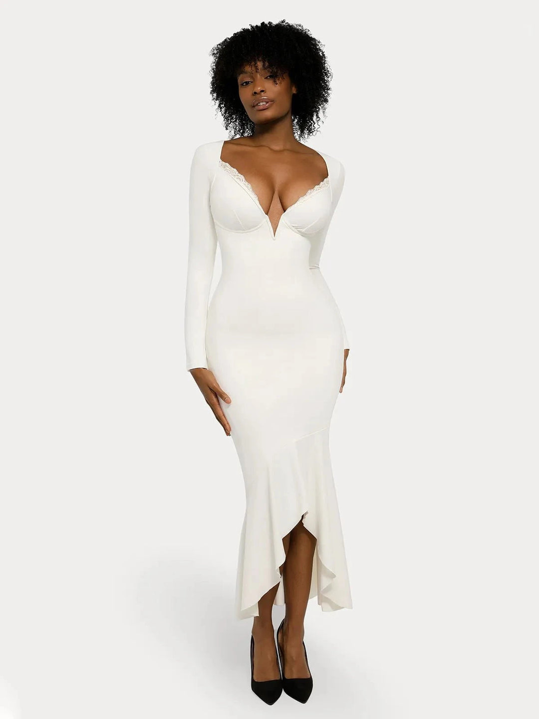 Popilush® Sculpting Formal Party Bodycon Winter Cocktail Gown White / S Shapewear Long Sleeve Lace Trim Sculpting Mermaid Maxi Dress