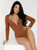 Popilush® Tops Body Shaper Sculpting Winter Shapewear Long Sleeve Lace Trim V-Neck Slimming Bodysuit