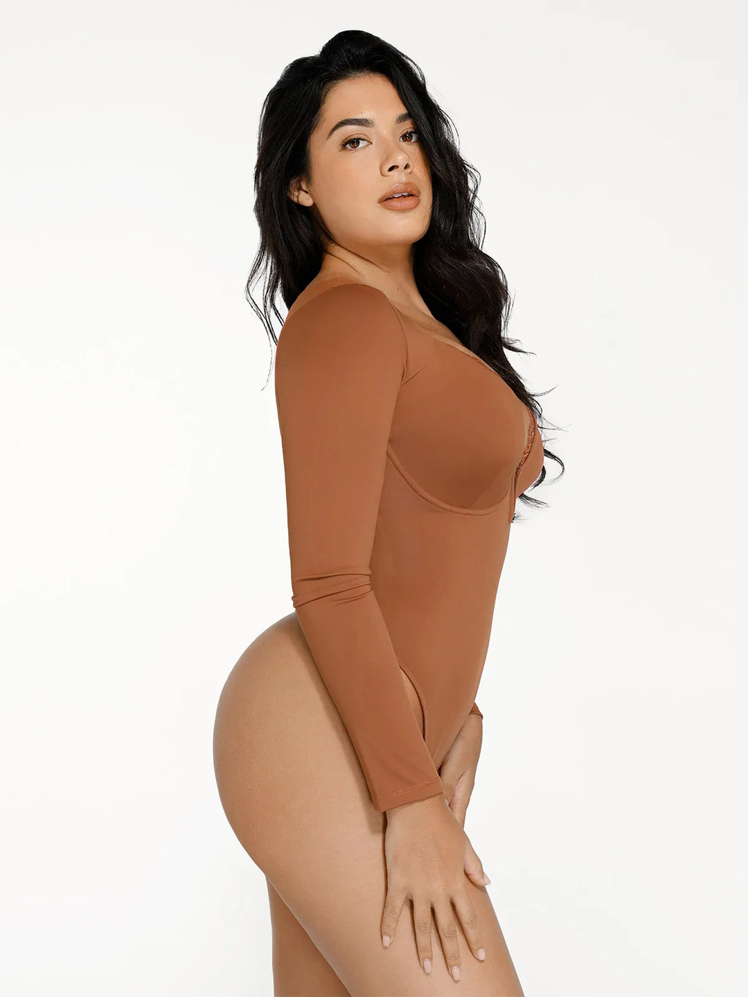 Popilush® Tops Body Shaper Sculpting Winter Shapewear Long Sleeve Lace Trim V-Neck Slimming Bodysuit
