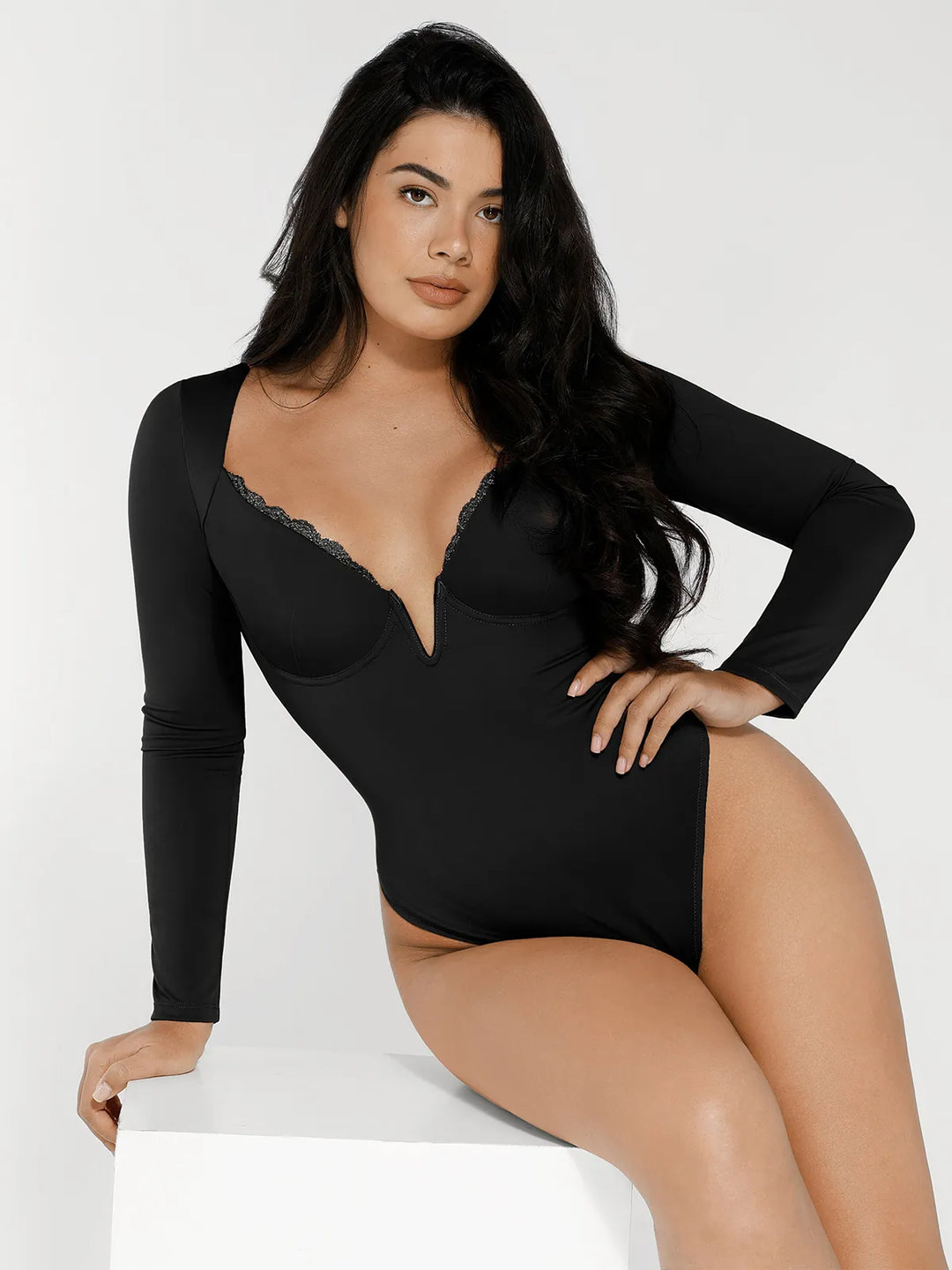 Popilush® Tops Body Shaper Sculpting Winter Shapewear Long Sleeve Lace Trim V-Neck Slimming Bodysuit