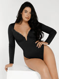 Popilush® Tops Body Shaper Sculpting Winter Shapewear Long Sleeve Lace Trim V-Neck Slimming Bodysuit