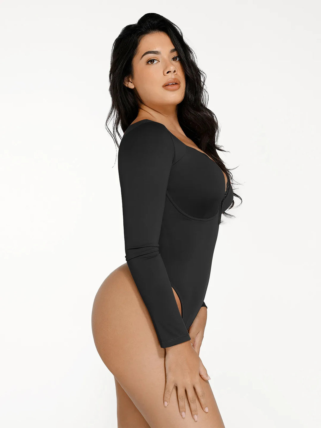 Popilush® Tops Body Shaper Sculpting Winter Shapewear Long Sleeve Lace Trim V-Neck Slimming Bodysuit