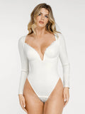 Popilush® Tops Body Shaper Sculpting Winter Shapewear Long Sleeve Lace Trim V-Neck Slimming Bodysuit