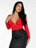 Popilush® Tops Body Shaper Sculpting Winter Shapewear Long Sleeve Lace Trim V-Neck Slimming Bodysuit