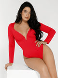 Popilush® Tops Body Shaper Sculpting Winter Shapewear Long Sleeve Lace Trim V-Neck Slimming Bodysuit