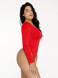 Popilush® Tops Body Shaper Sculpting Winter Shapewear Long Sleeve Lace Trim V-Neck Slimming Bodysuit