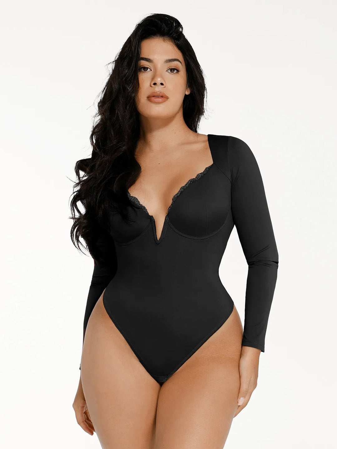 Popilush® Tops Body Shaper Sculpting Winter Black / XS Shapewear Long Sleeve Lace Trim V-Neck Slimming Bodysuit