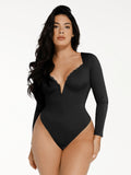 Popilush® Tops Body Shaper Sculpting Winter Black / XS Shapewear Long Sleeve Lace Trim V-Neck Slimming Bodysuit
