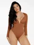 Winter brown long sleeve slimming bodysuit with V-neck and delicate lace trim