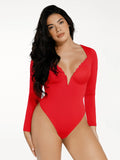 Popilush® Tops Body Shaper Sculpting Winter Red / XS Shapewear Long Sleeve Lace Trim V-Neck Slimming Bodysuit