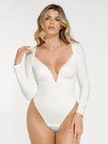 Popilush® Tops Body Shaper Sculpting Winter White / XS Shapewear Long Sleeve Lace Trim V-Neck Slimming Bodysuit