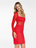 Popilush® Formal Bodycon Party Cocktail Casual Gown Winter Shapewear Long Sleeve Mesh Inset Bodycon Midi Dress
