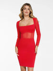 Red shapewear bodycon midi dress, long sheer sleeves, square neck, mesh waist.