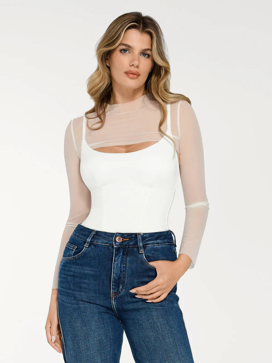 Popilush® Sexy Tops Body Shaper Winter Shapewear Long Sleeve Mesh Shrug Sculpting Bodysuit Set