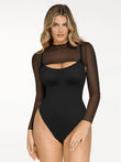 Black long sleeve mesh shrug layered over sculpting bodysuit with bust cutout. Shapewear set.