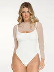 White sculpting bodysuit set with sheer mesh long-sleeve shrug and cutout neckline.