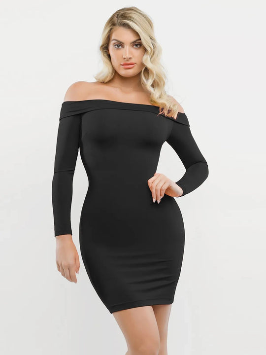Popilush® Christmas Party Cocktail Evening Gown Black / XS Shapewear Long Sleeve Off-the-Shoulder Bodycon Mini Dress