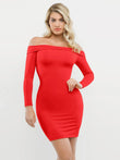 Red long sleeve off-the-shoulder bodycon mini dress with built-in shapewear