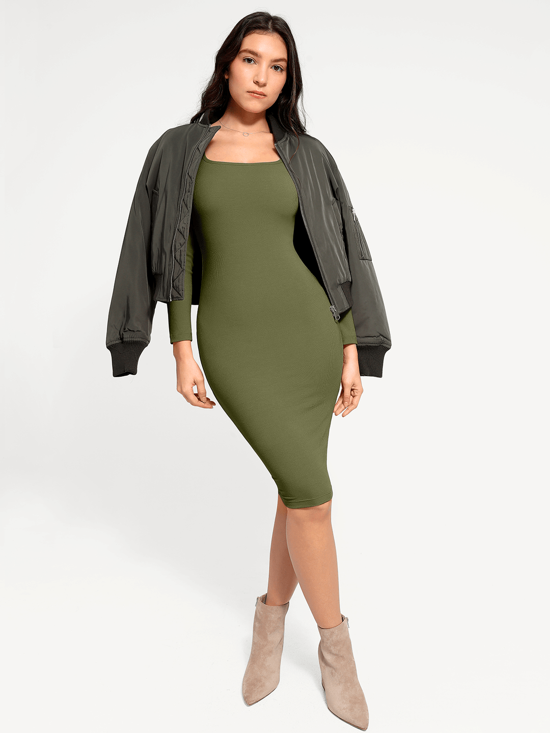 Popilush® Bodycon Party Cocktail Short Loungewear Shapewear Long Sleeve Square Neck Modal Slimming Midi Dress