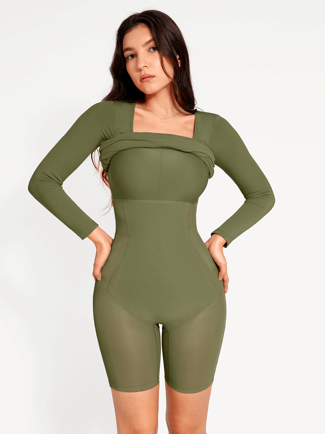 Popilush® Bodycon Party Cocktail Short Loungewear Shapewear Long Sleeve Square Neck Modal Slimming Midi Dress