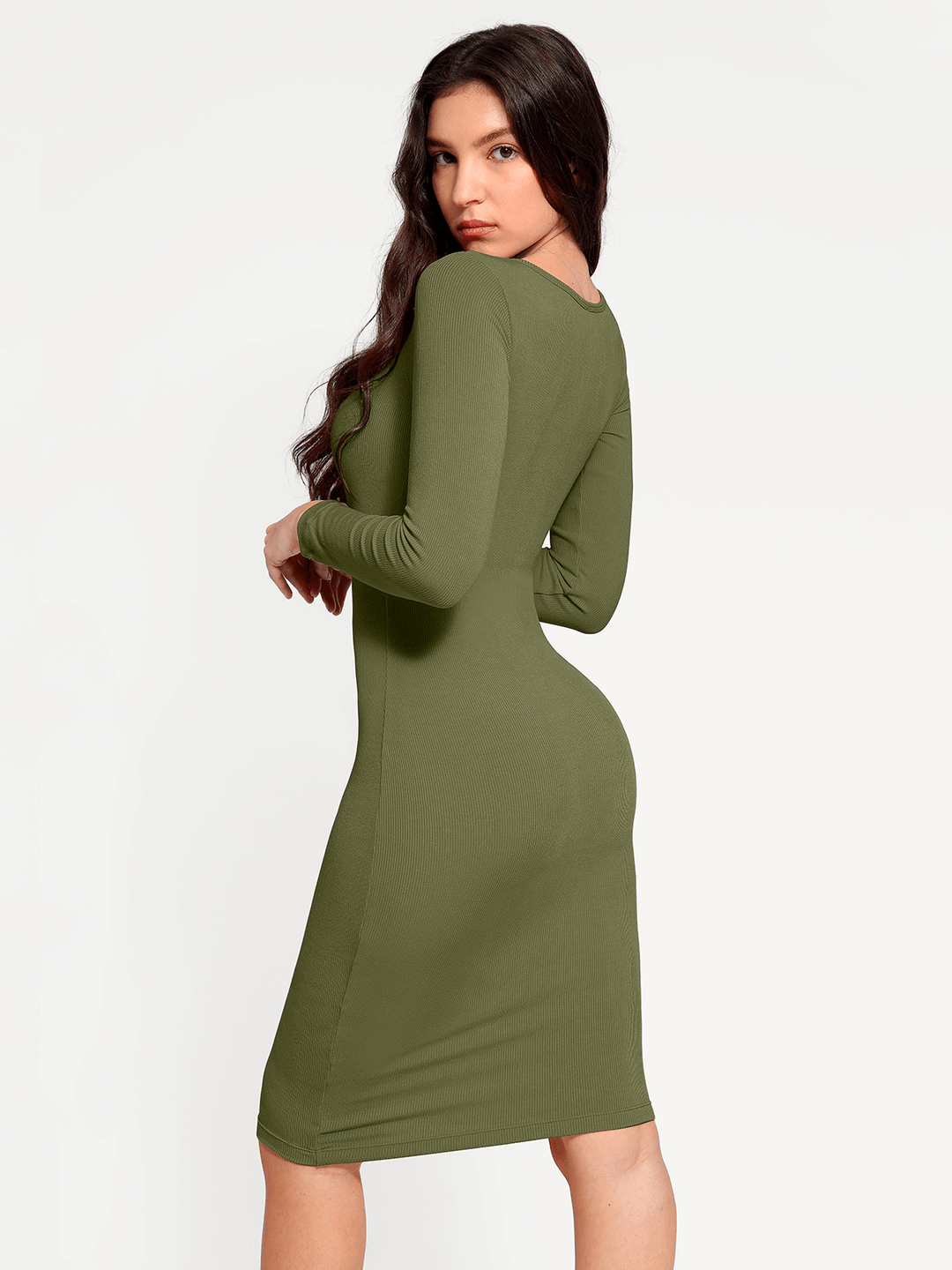 Popilush® Bodycon Party Cocktail Short Loungewear Shapewear Long Sleeve Square Neck Modal Slimming Midi Dress