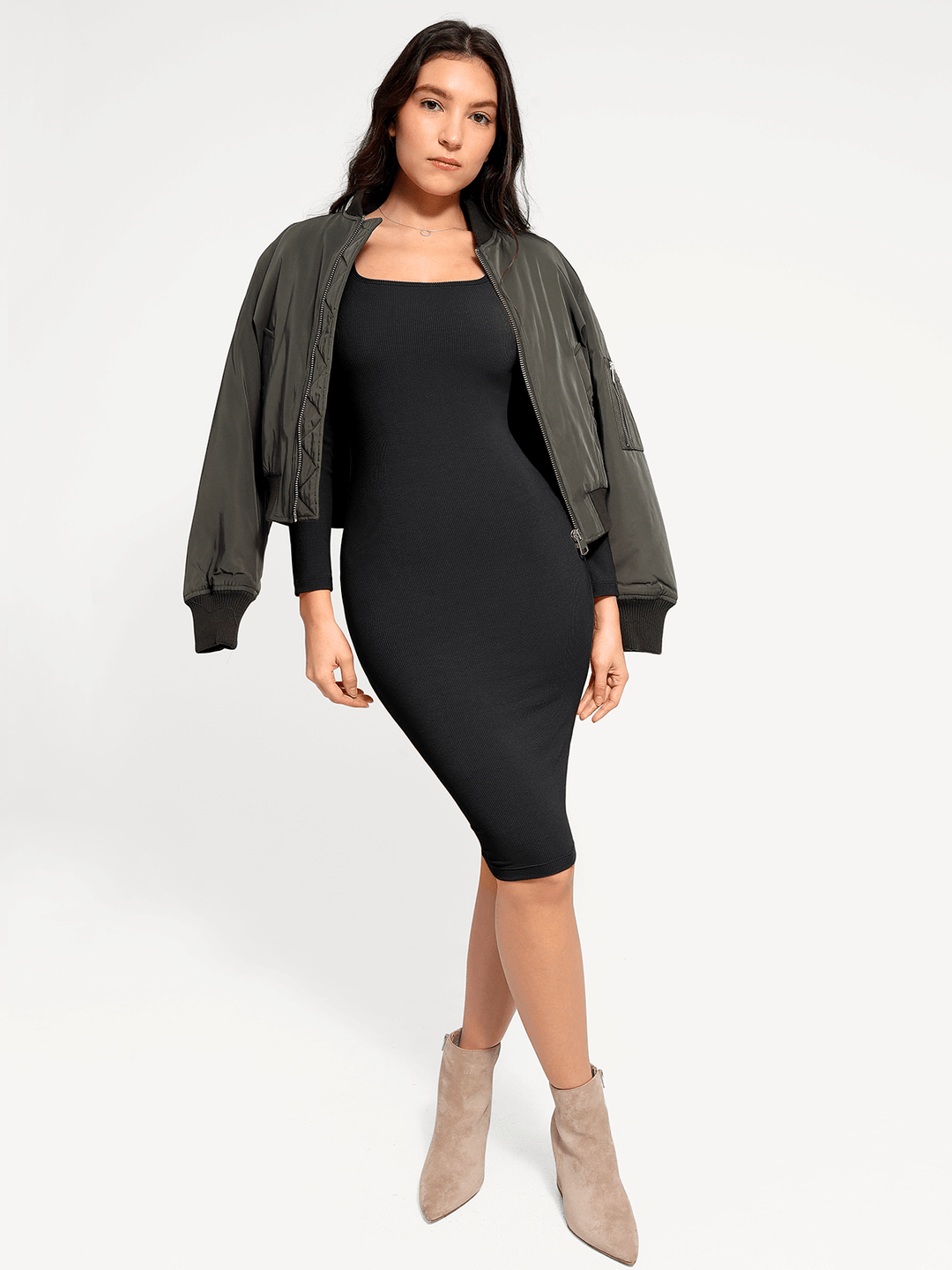 Popilush® Bodycon Party Cocktail Short Loungewear Shapewear Long Sleeve Square Neck Modal Slimming Midi Dress