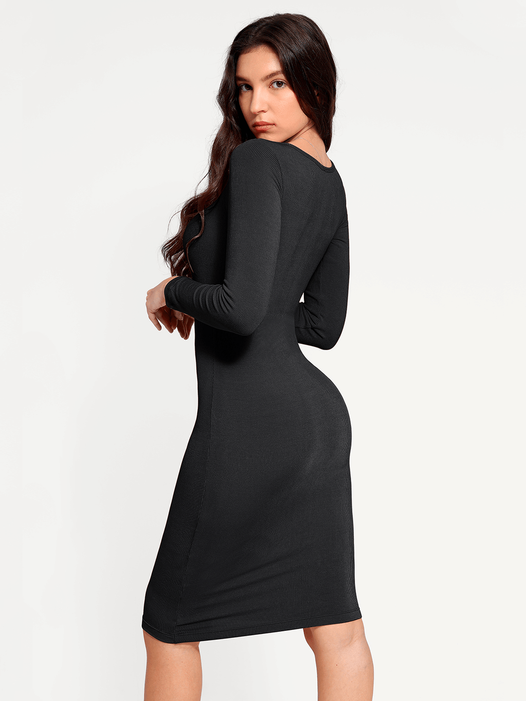Popilush® Bodycon Party Cocktail Short Loungewear Shapewear Long Sleeve Square Neck Modal Slimming Midi Dress