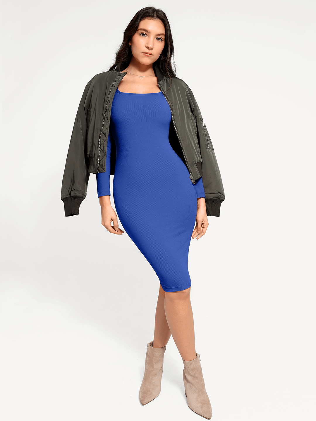 Popilush® Bodycon Party Cocktail Short Loungewear Shapewear Long Sleeve Square Neck Modal Slimming Midi Dress