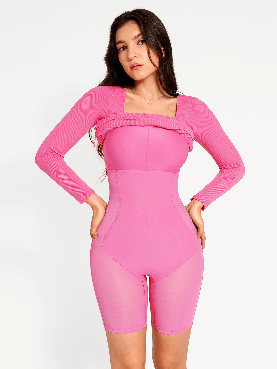 Popilush® Bodycon Party Cocktail Short Loungewear Shapewear Long Sleeve Square Neck Modal Slimming Midi Dress