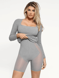 Popilush® Bodycon Party Cocktail Short Loungewear Shapewear Long Sleeve Square Neck Modal Slimming Midi Dress