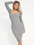 Popilush® Bodycon Party Cocktail Short Loungewear Shapewear Long Sleeve Square Neck Modal Slimming Midi Dress