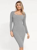Popilush® Bodycon Party Cocktail Short Loungewear Shapewear Long Sleeve Square Neck Modal Slimming Midi Dress