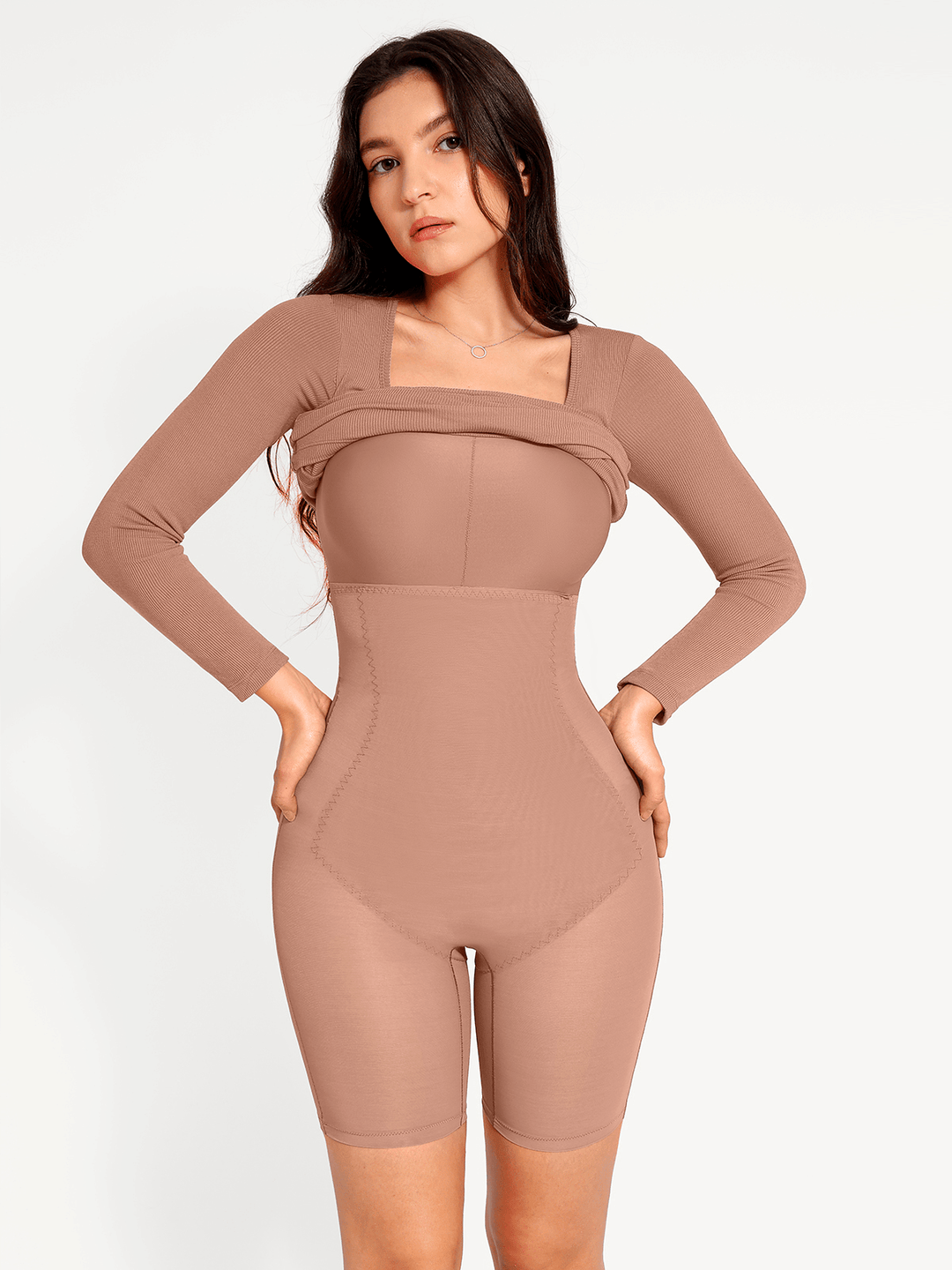 Popilush® Bodycon Party Cocktail Short Loungewear Shapewear Long Sleeve Square Neck Modal Slimming Midi Dress