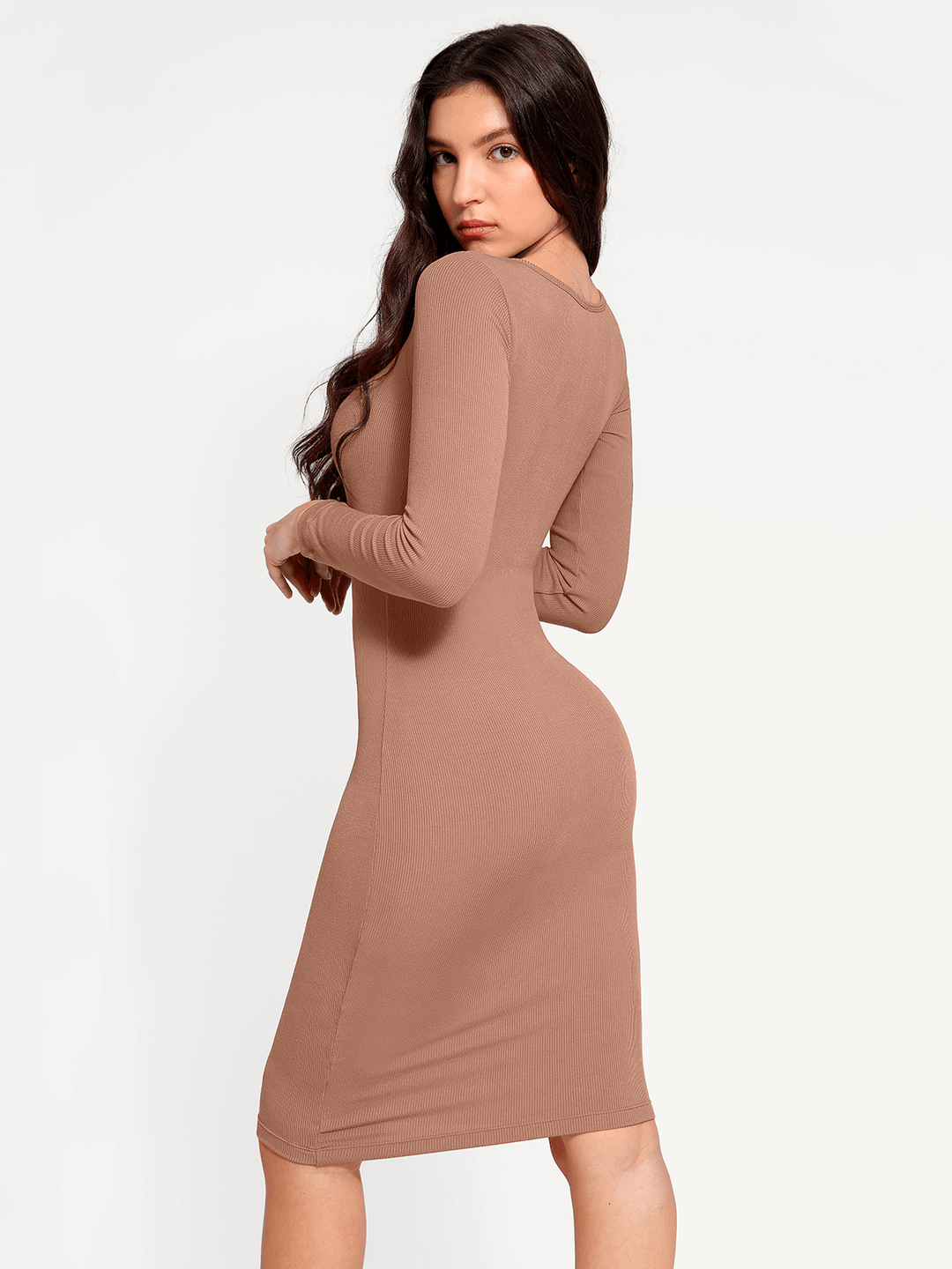 Popilush® Bodycon Party Cocktail Short Loungewear Shapewear Long Sleeve Square Neck Modal Slimming Midi Dress