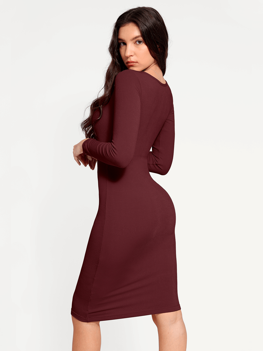 Popilush® Bodycon Party Cocktail Short Loungewear Shapewear Long Sleeve Square Neck Modal Slimming Midi Dress