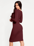 Popilush® Bodycon Party Cocktail Short Loungewear Shapewear Long Sleeve Square Neck Modal Slimming Midi Dress