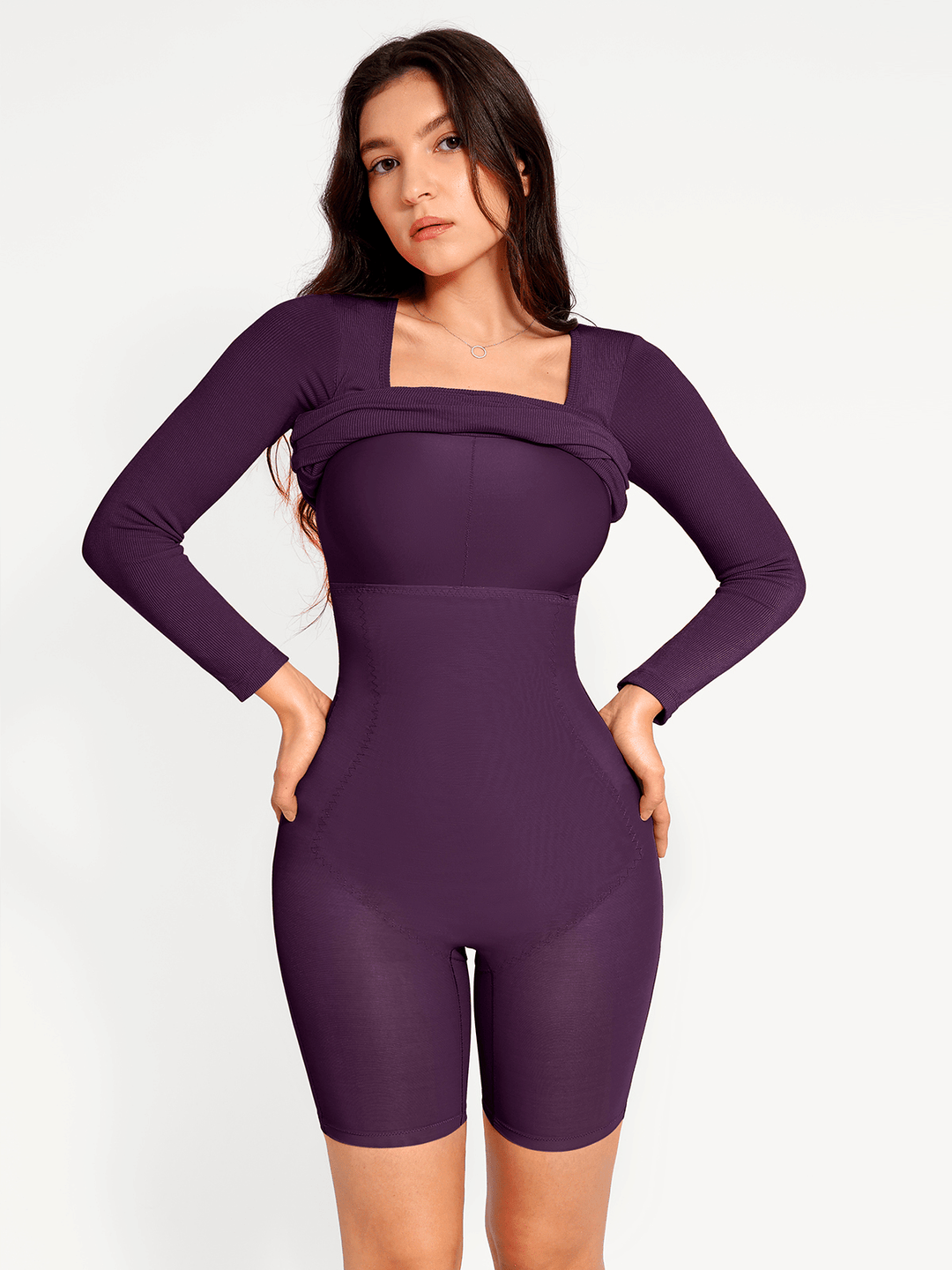 Popilush® Bodycon Party Cocktail Short Loungewear Shapewear Long Sleeve Square Neck Modal Slimming Midi Dress