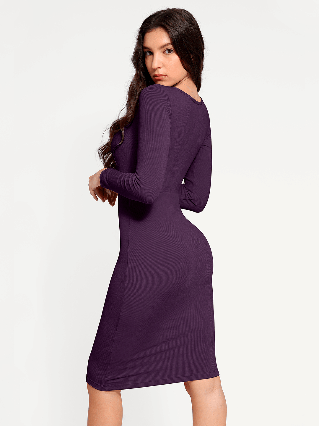 Popilush® Bodycon Party Cocktail Short Loungewear Shapewear Long Sleeve Square Neck Modal Slimming Midi Dress
