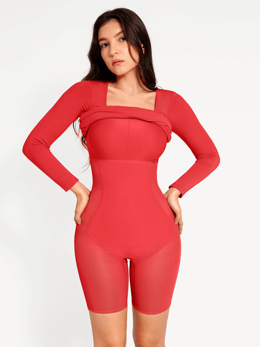 Popilush® Bodycon Party Cocktail Short Loungewear Shapewear Long Sleeve Square Neck Modal Slimming Midi Dress