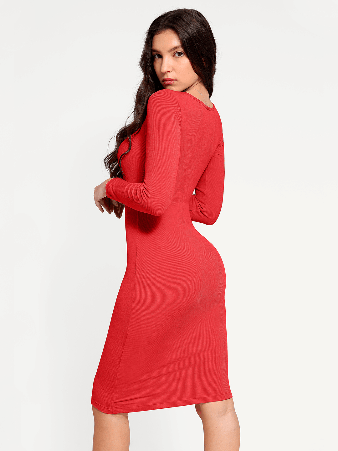 Popilush® Bodycon Party Cocktail Short Loungewear Shapewear Long Sleeve Square Neck Modal Slimming Midi Dress
