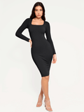 Popilush® Bodycon Party Cocktail Short Loungewear Black / XS Shapewear Long Sleeve Square Neck Modal Slimming Midi Dress