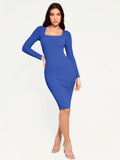 Popilush® Bodycon Party Cocktail Short Loungewear Blue / XS Shapewear Long Sleeve Square Neck Modal Slimming Midi Dress