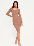 Popilush® Bodycon Party Cocktail Short Loungewear Brown / XS Shapewear Long Sleeve Square Neck Modal Slimming Midi Dress