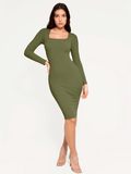 Popilush® Bodycon Party Cocktail Short Loungewear Green / XS Shapewear Long Sleeve Square Neck Modal Slimming Midi Dress