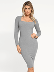 Popilush® Bodycon Party Cocktail Short Loungewear Grey / XS Shapewear Long Sleeve Square Neck Modal Slimming Midi Dress