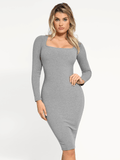 Popilush® Bodycon Party Cocktail Short Loungewear Grey / XS Shapewear Long Sleeve Square Neck Modal Slimming Midi Dress