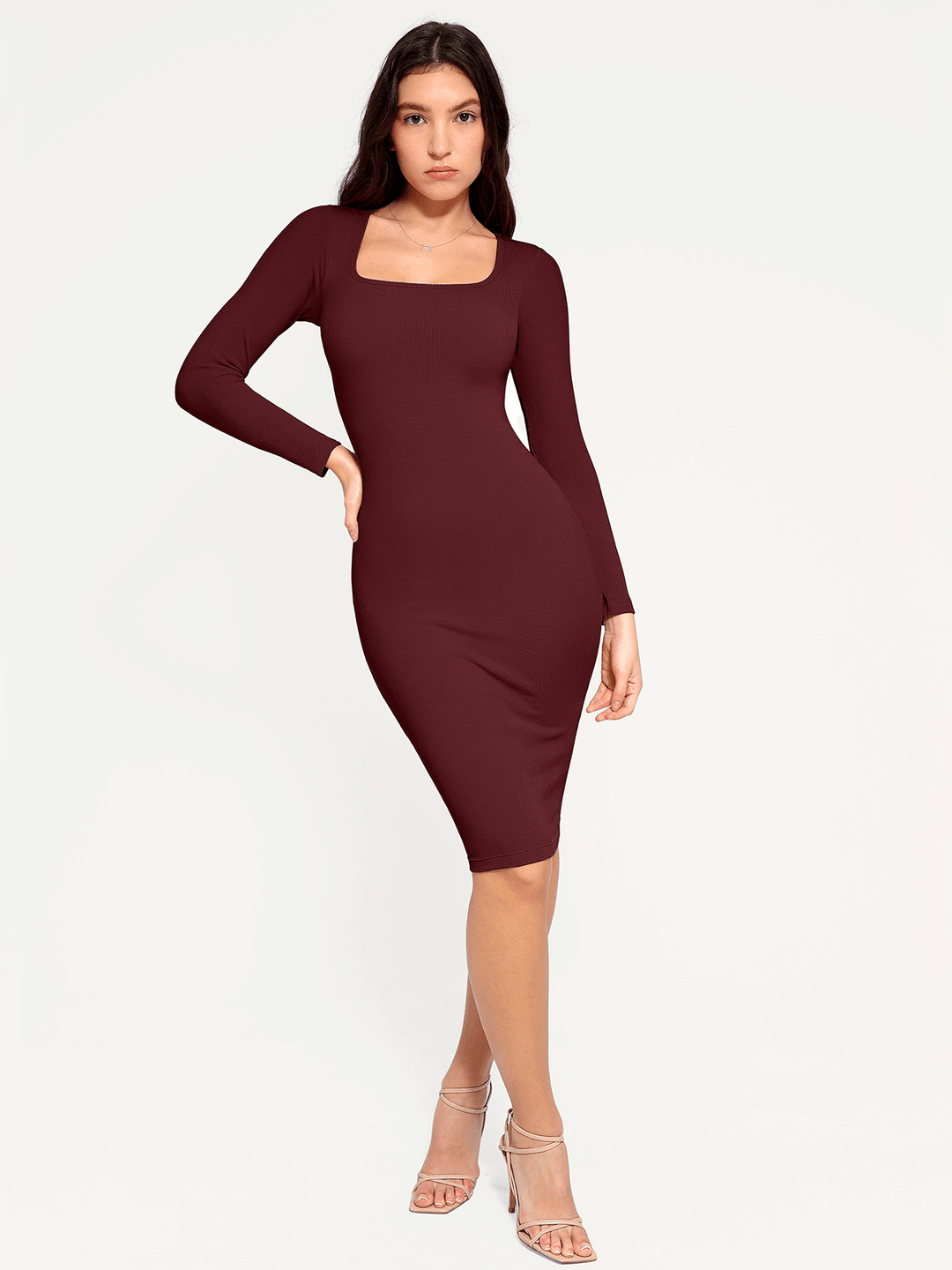 Popilush® Bodycon Party Cocktail Short Loungewear Maroon Red / XS Shapewear Long Sleeve Square Neck Modal Slimming Midi Dress